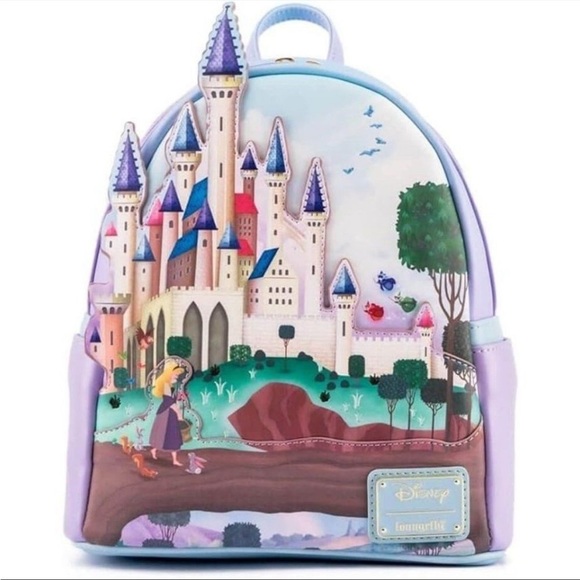 Loungefly Handbags - LOUNGEFLY NWT Princess Castle Sleeping Beauty Mini Backpack Blue Purple Disney